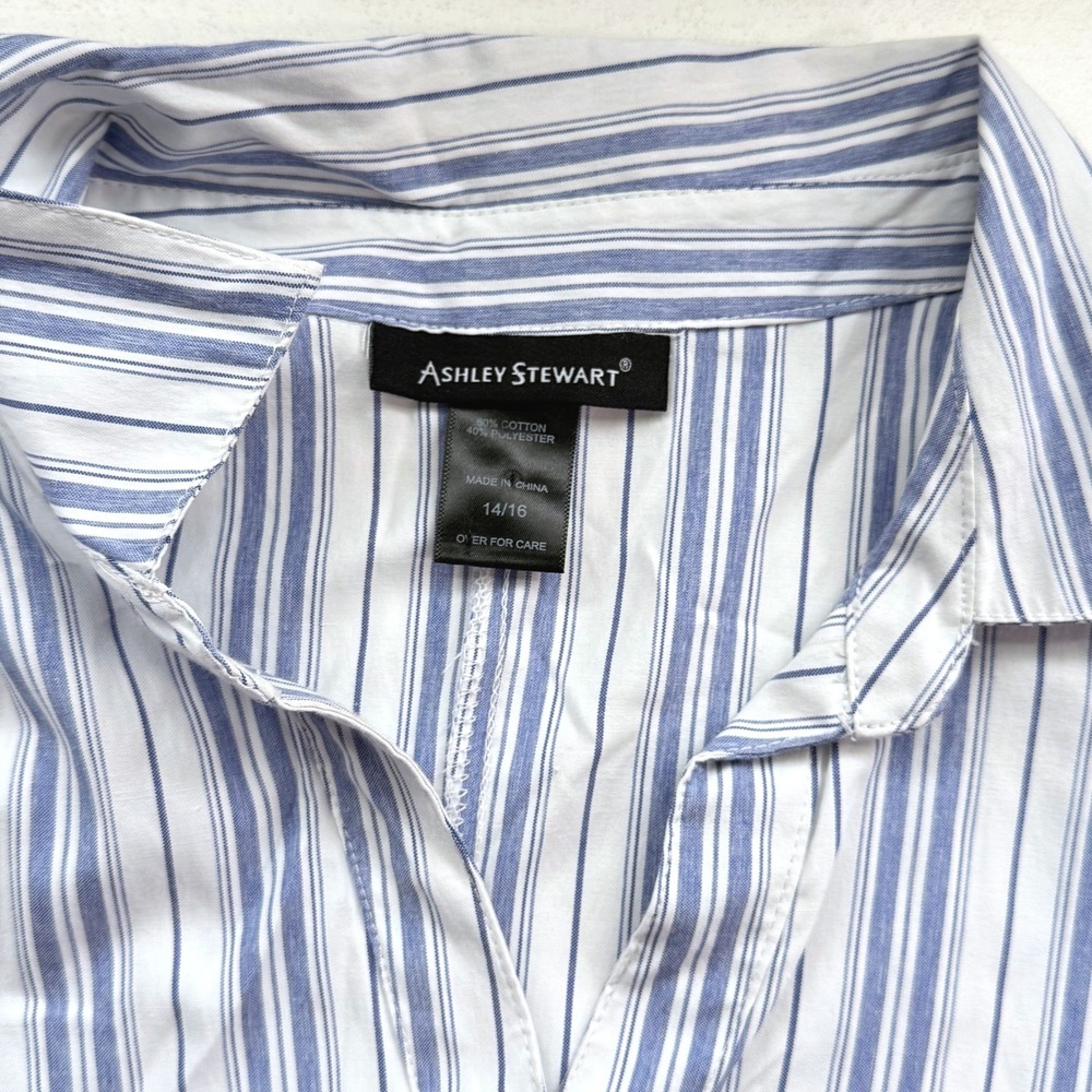 Ashley Stewart Blue White‎ Striped Puff Sleeve Maxi Shirtdress Plus Size 14/16 - Picture 9 of 11